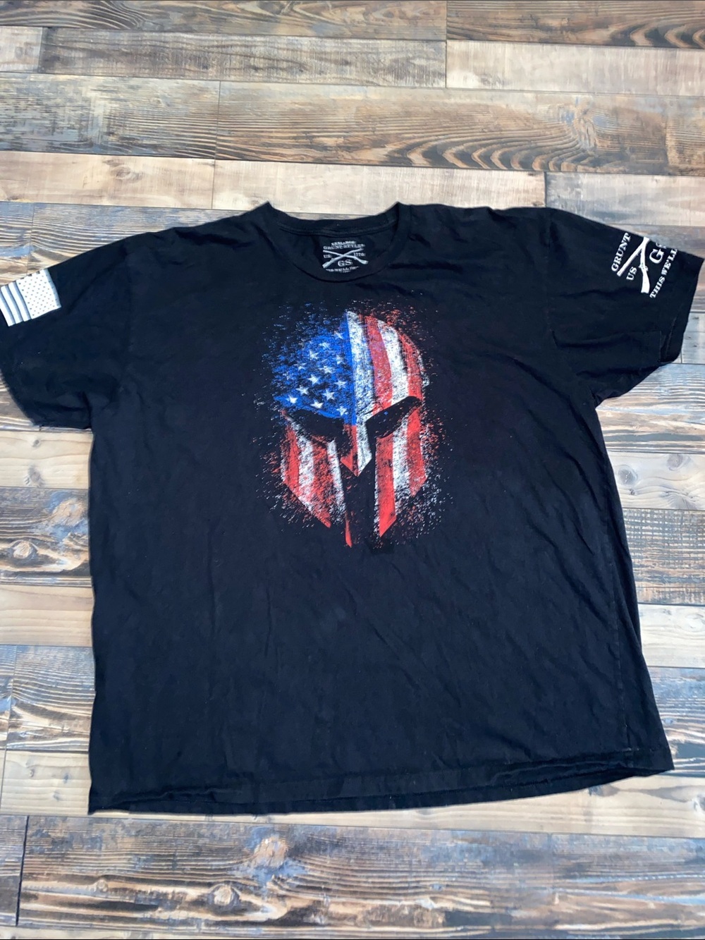 Grunt Style Black Tee with American Flag Spartan Helmet Graphic